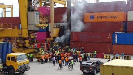 Smoke rises from an RTG crane at Chattogram Port's New Mooring Container Terminal after a fire broke out this afternoon (22 June 2026), damaging the crane and two containers. Photo: Courtesy