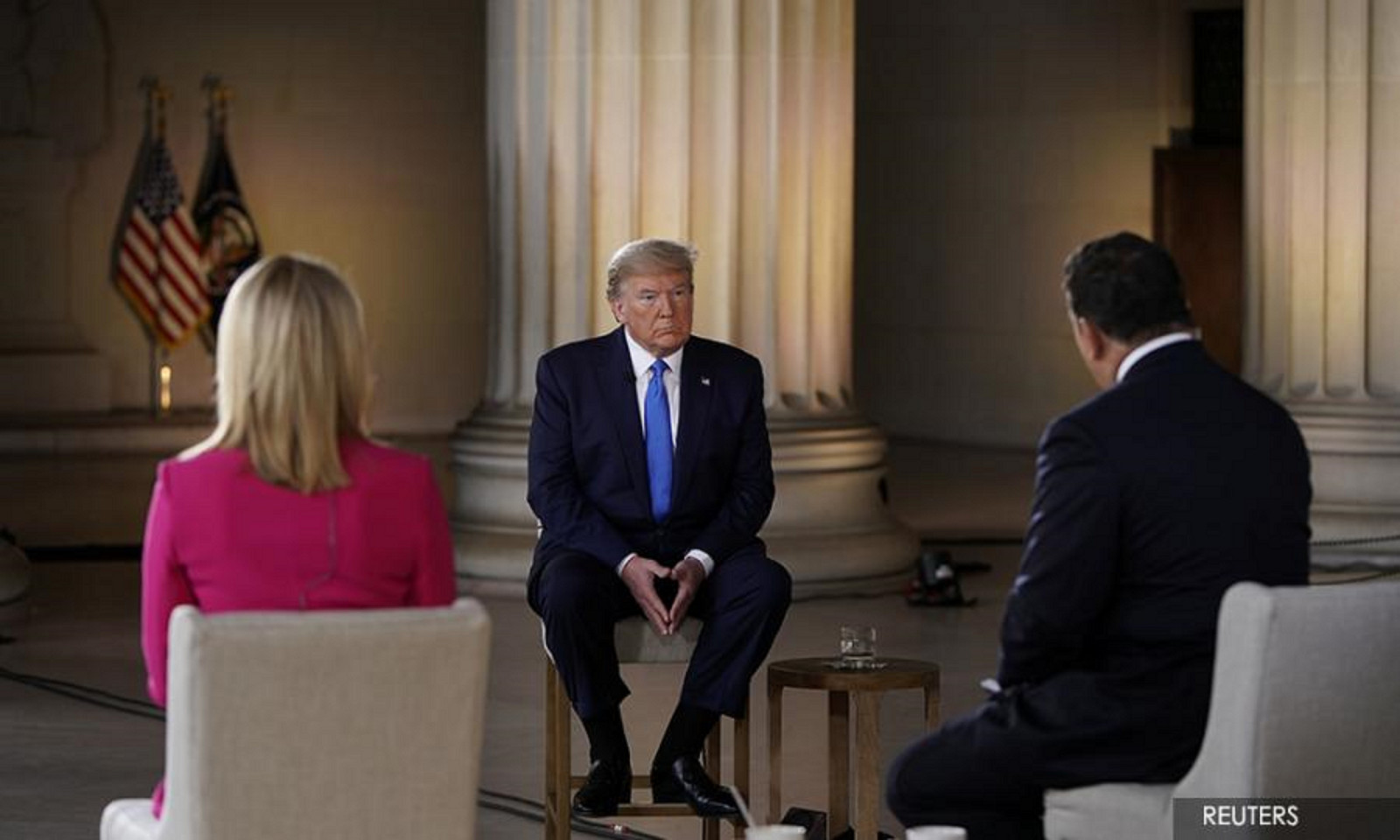 US President Donald Trump participates in a live Fox News Channel virtual town hall called "America Together: Returning to Work" about response to the coronavirus disease (Covid-19) pandemic being broadcast from inside the Lincoln Memorial in Washington, US May 3, 2020/ Reuters
