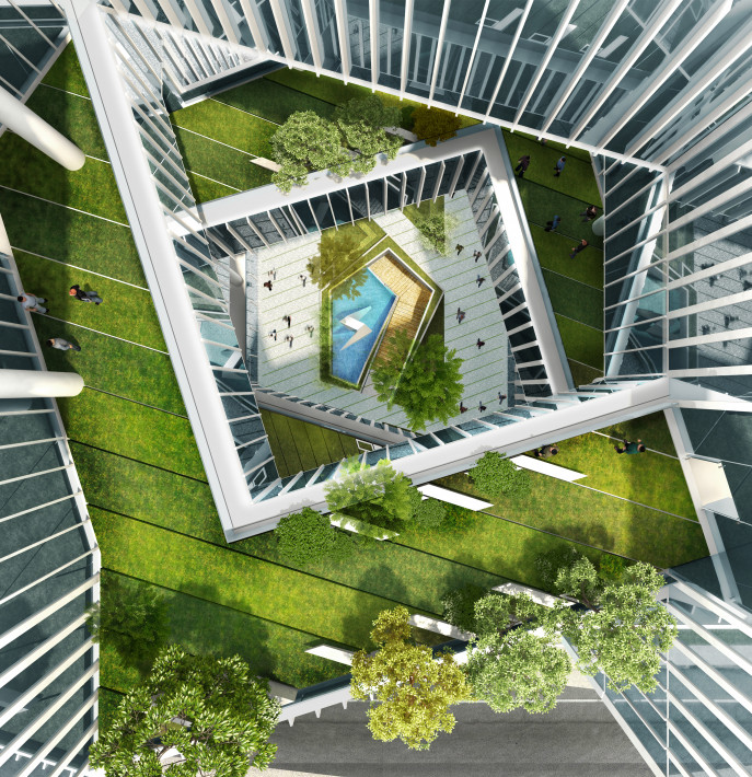 The two vertical buildings are built around a central courtyard and connected by bridges and green terraces.  photo courtesy