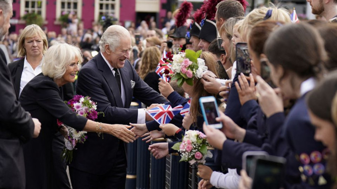King Charles III and the Queen Consort meeting well wishers outside Hillsborough Castle, Co Down, following the death of Queen Elizabeth II on Thursday. Picture date: Tuesday September 13, 2022. Niall Carson/Pool via REUTERS