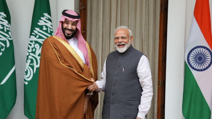 Mohammed Bin Salman, Saudi Arabia&#039;s crown prince, left, shakes hands with Narendra Modi, India&#039;s prime minister, at Hyderabad House in New Delhi, India, on Wednesday, Feb. 20, 2019.Photographer: T. Narayan/Bloomberg