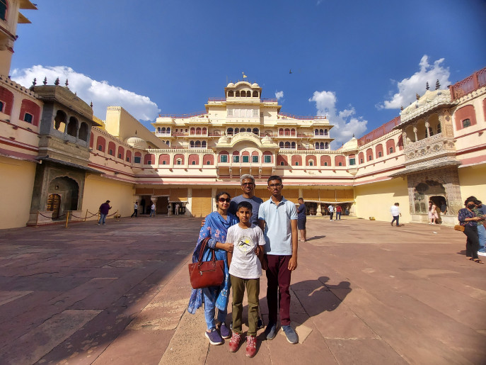 Author with his family in front of Residence of Jaipur&#039;s Present King in City Palace Complex