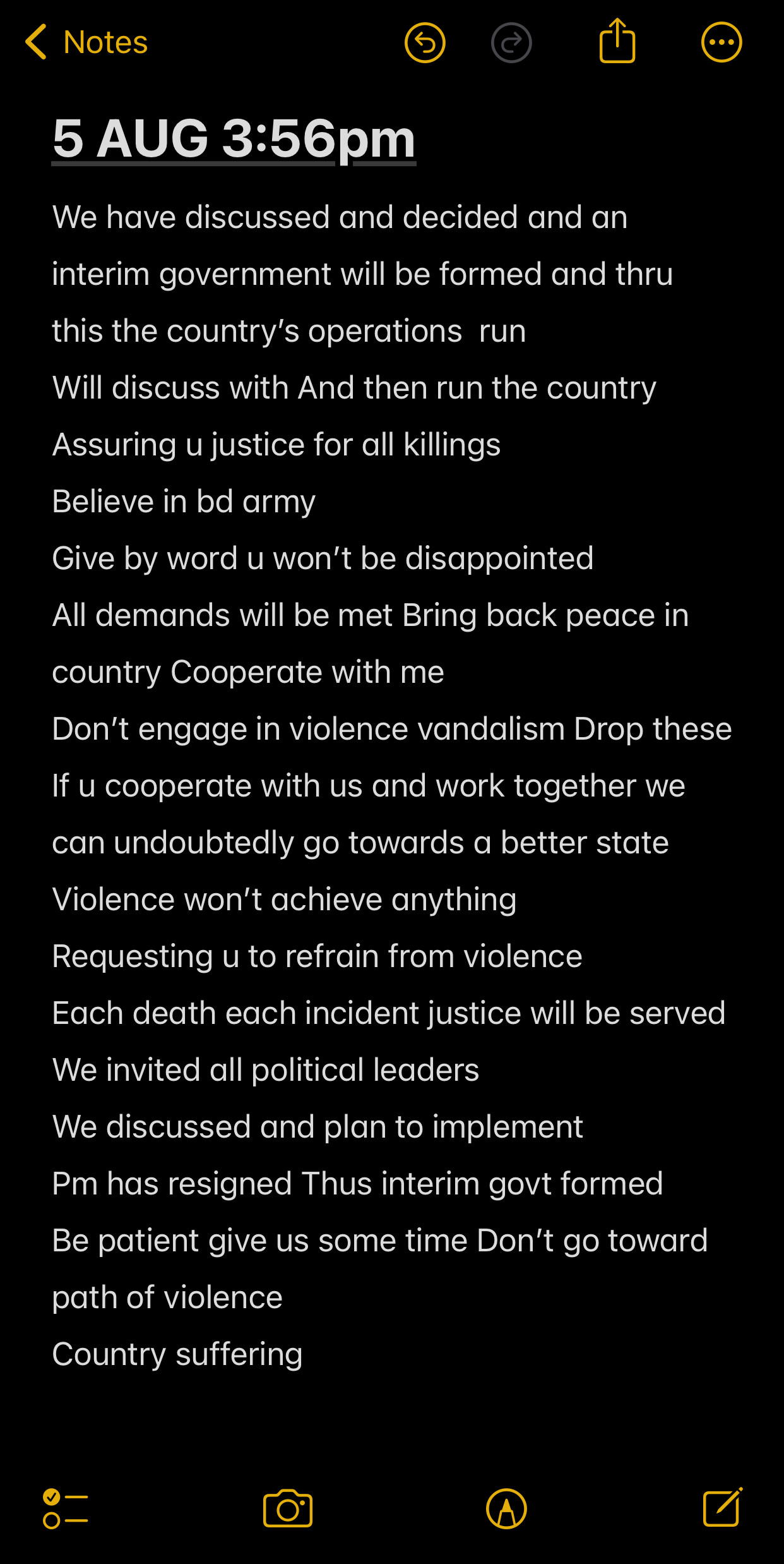 The screenshot shows the actual notes taken down during General Waker’s historic speech at around 4pm on 5 August 2024. Photo: Nylah Shah/TBS