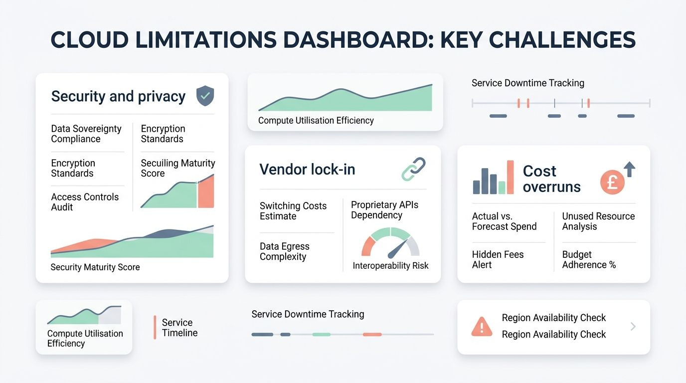 An infographic titled 'Cloud Limitations Dashboard: Key Challenges,' detailing metrics for security, vendor lock-in, and cost overruns with various charts and graphs.