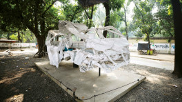 On August 13, 2011, a tragic road accident took the lives of Tareque Masud, Mishuk Munier, and three other passengers. The remains of the destroyed vehicle have been creatively transformed in to the Road Accidernt Memorial by artist Dhali Al Mamoon at the Dhaka University campus. Photo: Mumit M