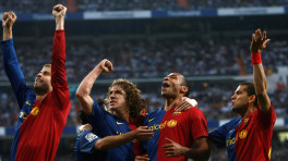 Barcelona's Gerard Pique, Carles Puyol, Thierry Henry and Daniel Alves celebrate a goal in their 6-2 La Liga victory over Real Madrid at the Santiago Bernabeu stadium in 2009. Photo: Reuters
