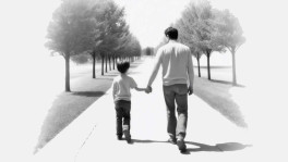 A young boy taking a leisurely stroll with his father. Photo: Freepik Ai 