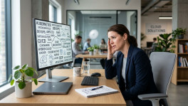 A woman in a modern office looks stressed, holding her head while looking at a monitor displaying a dense word cloud of cloud computing and DevOps terminology.