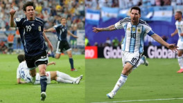 Twenty years apart, one celebration of greatness — Lionel Messi celebrates his first World Cup goal in 2006 (left) and his record-equalling strike in 2026 (right). Photo: TBS Collage