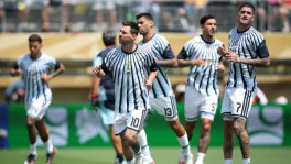 Argentina players, led by Lionel Messi, take part in a training session ahead of the Fifa World Cup final, as La Albiceleste complete their preparations for football's biggest showdown. Photo: Fifa